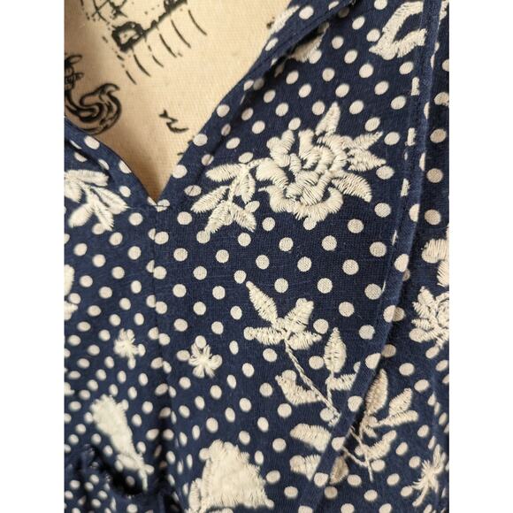 Lucky Brand Womens M Blouse Boho Cottage Navy Blue Polka Dot Ruffle Cotton Top - Picture 6 of 9